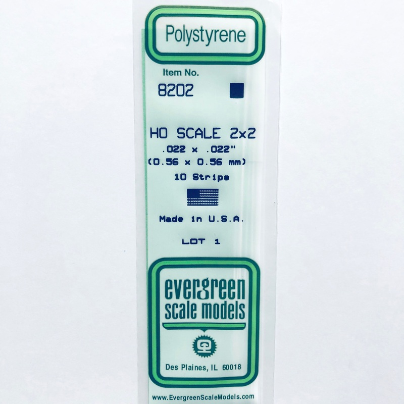 Evergreen 8202 Styrene Plastic Strips 2"x 2" HO x 14" (10)
