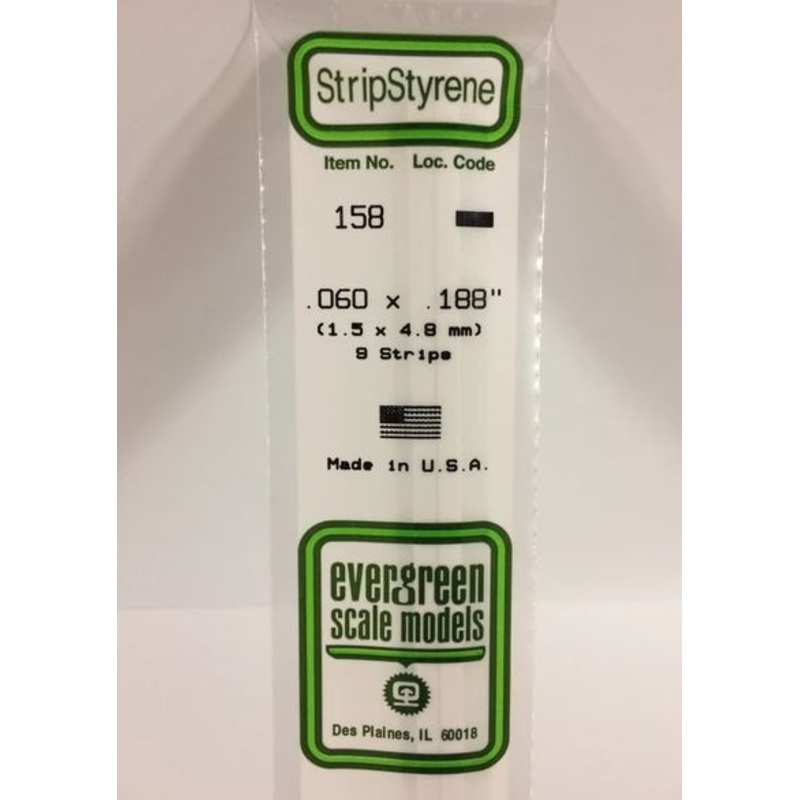 Evergreen 158 .060" x .188" (1.5mm x 4.8mm) Strips (9pcs)