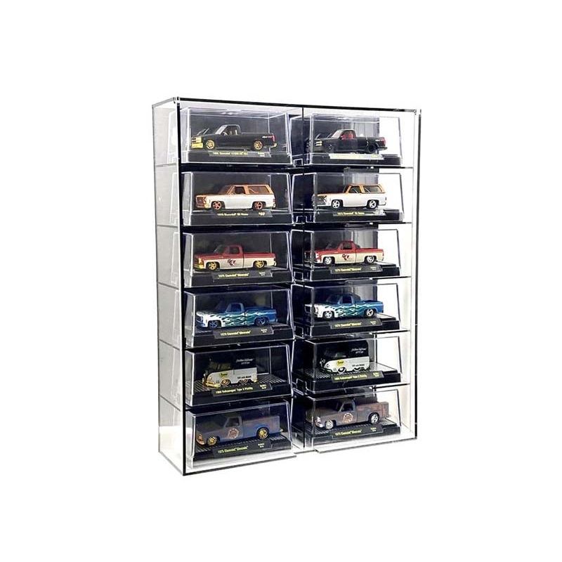 12-Car Display Case Wall Mount Plastic Black Back Version w/ Cover (10.03 x 3.03 x 13.62) Diecast 1:64 Scale Models - MiJo MJ10012BK