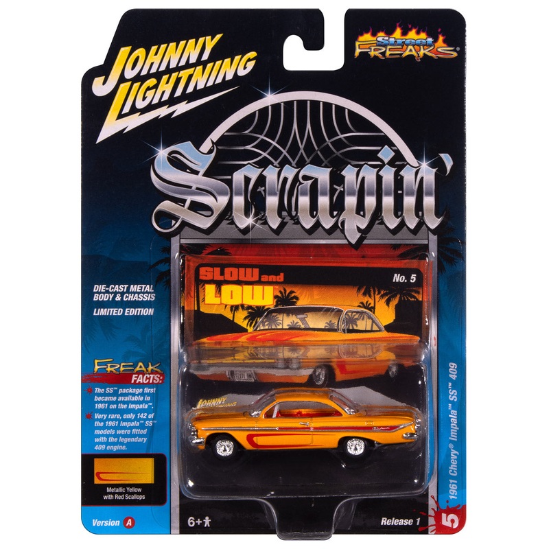 "PRE-ORDER" Johnny Lightning Street Freaks 1961 Chevy ImpalaSS 409(Scrapin) (Metallic Yellow w/Red) 1:64 Scale Diecast (DUE LATE OCTOBER 2025)
