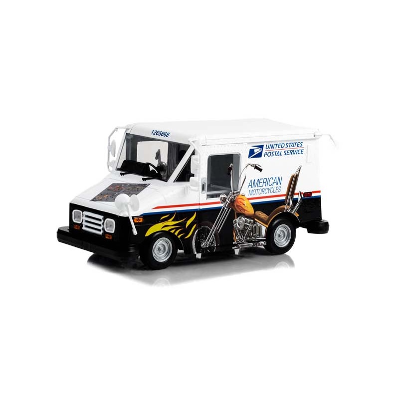 United States Postal Service (USPS) Long-Life Postal Delivery Vehicle - American Motorcycles Stamp Diecast 1:18 Scale Model - Greenlight 13643