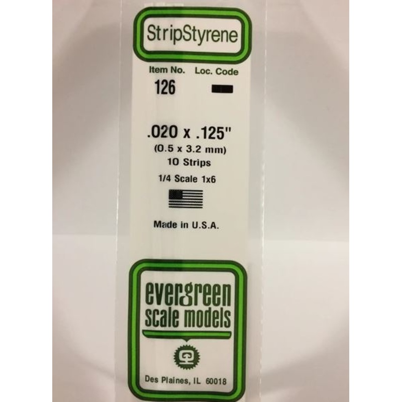 Evergreen 126 .020" x .125" (.5mm x 3.2mm) Strips (10pcs)