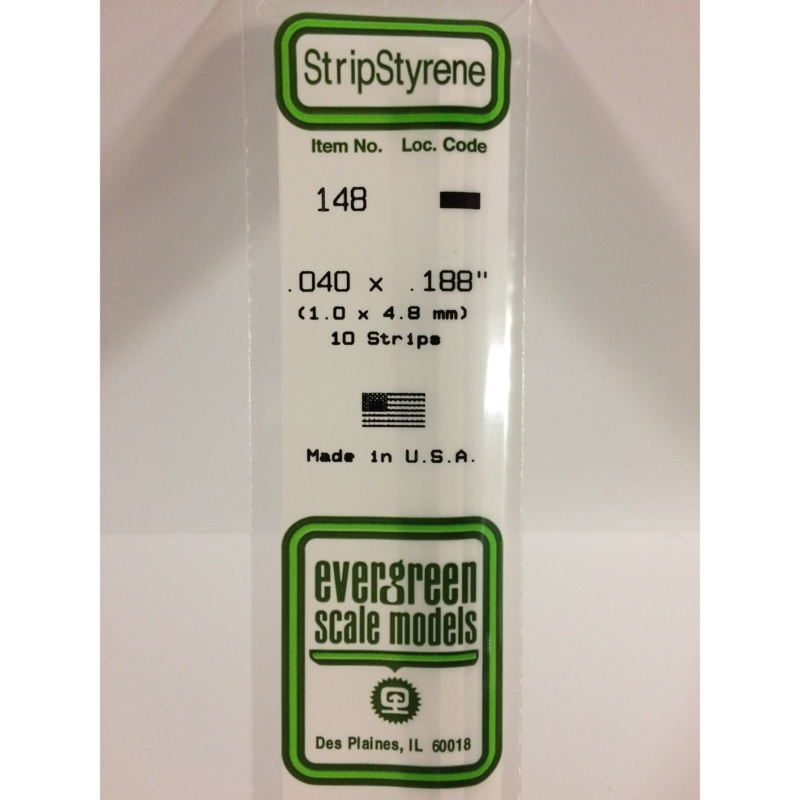 Evergreen 148 Styrene Plastic Strips 0.040"x 0.188"x 14"  (10)