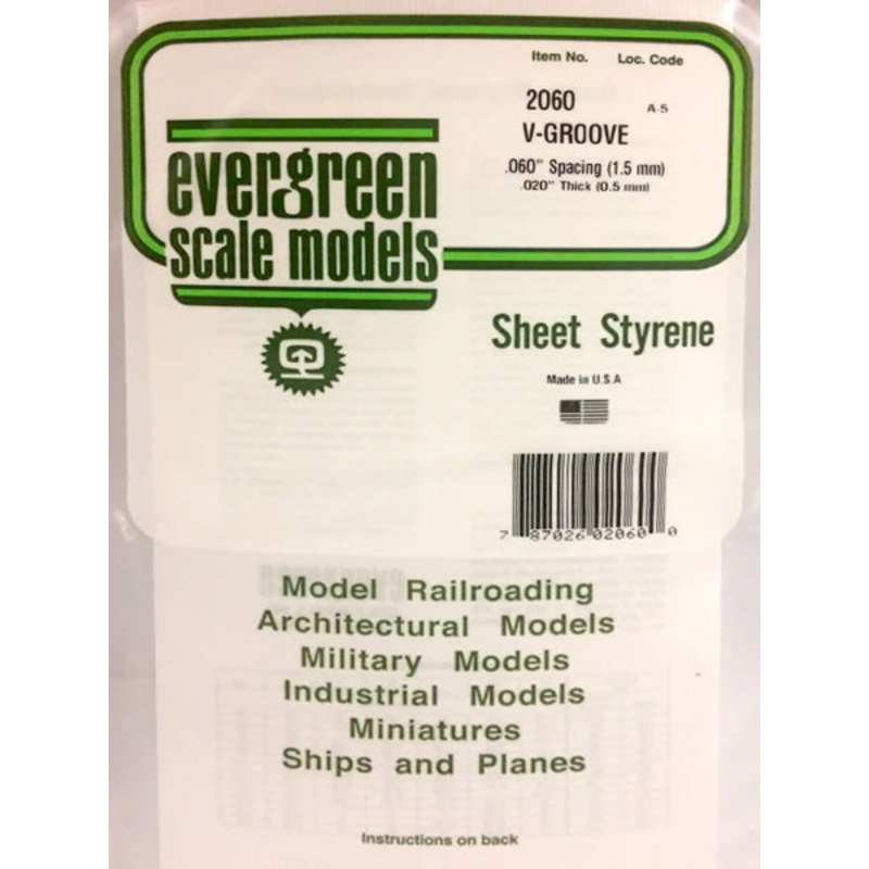 Evergreen 2060 V-Groove 0.060" Spacing 0.020"x 12"x 6" (1)
