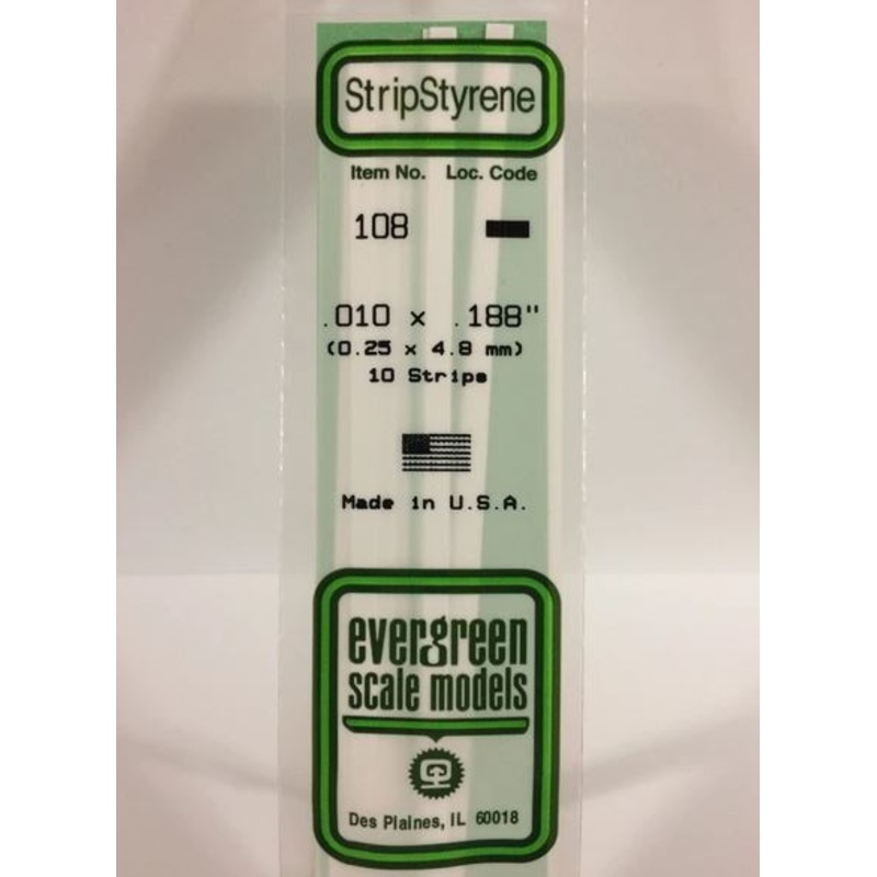 Evergreen 108 .010" x .188" (0.25 x 4.8mm) Strips (10pcs)