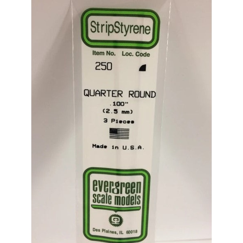 Evergreen 250 .100" (2.5mm) Qtr Round (3pcs)