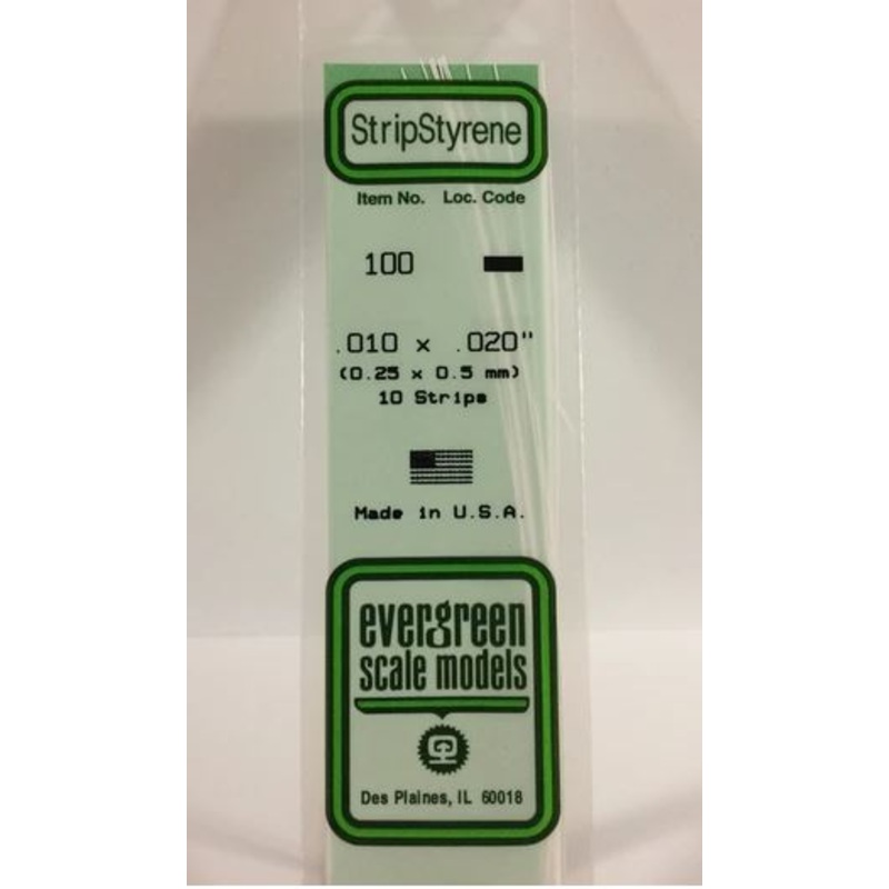 Evergreen 100 .010" x .020" (0.25 x 0.5mm) Strips (10pcs)