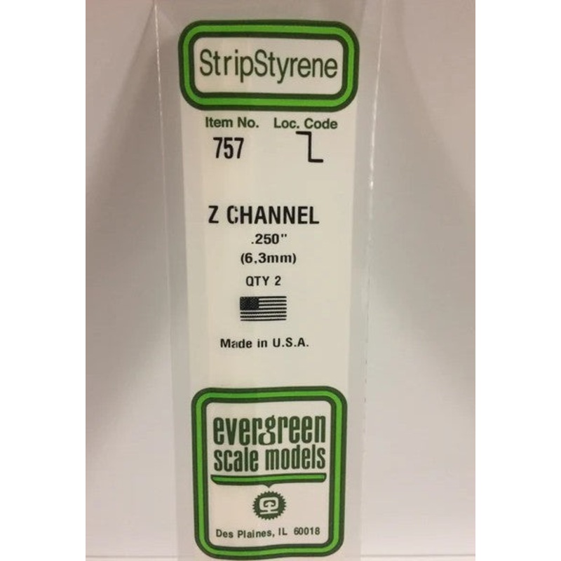 Evergreen 757 Z Channel .250" (6.3mm) Strips (2pcs)