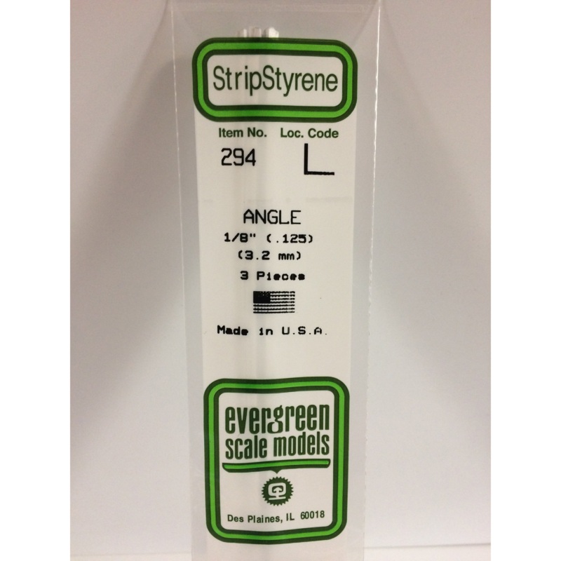 Evergreen 294 Styrene Plastic Angle 0.125"  3.1mm x 14" (3)