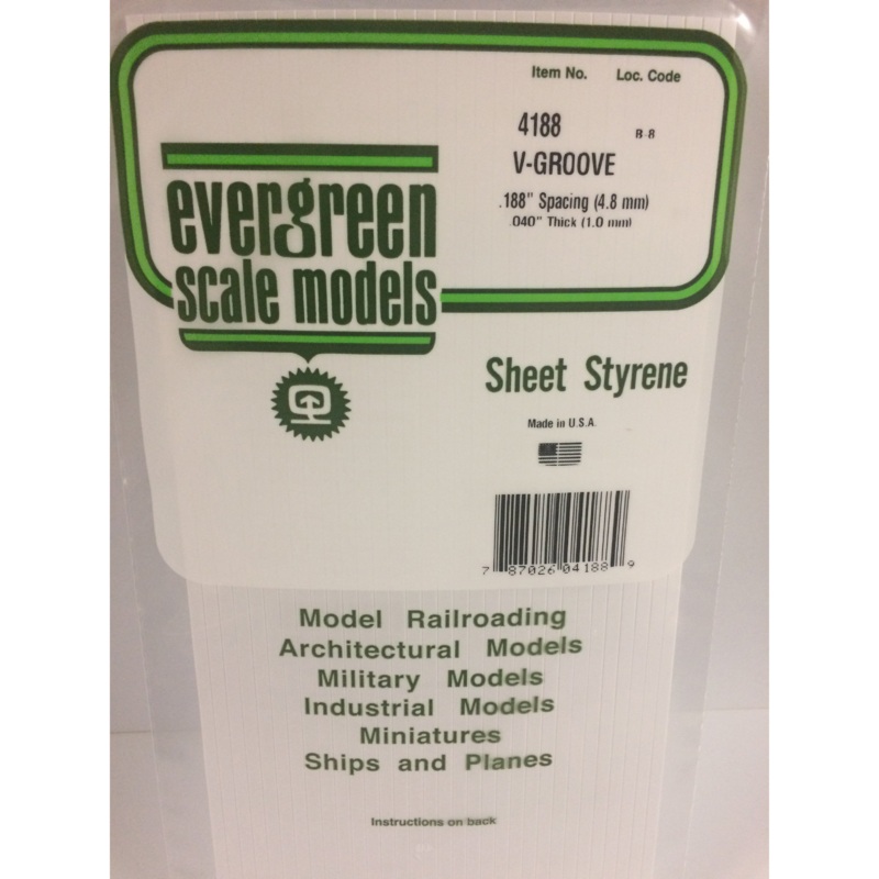 Evergreen 4188 Styrene Plastic V-Groove 0.188"x 12" x 6" (1)
