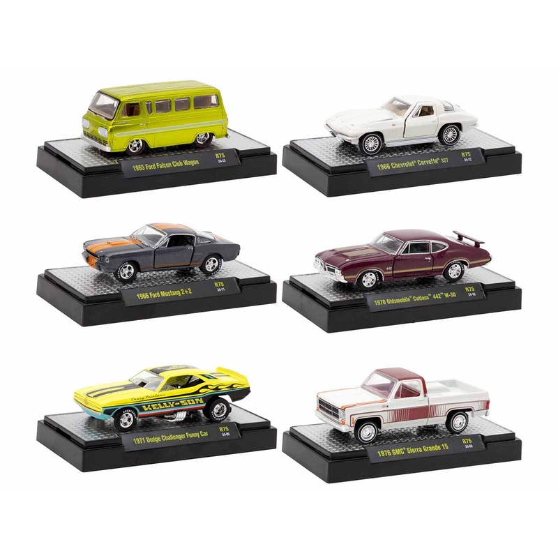 "Auto Meets" Set of 6 Cars IN DISPLAY CASES Release 75 Limited Edition 1/64 Diecast Model Cars by M2 Machines