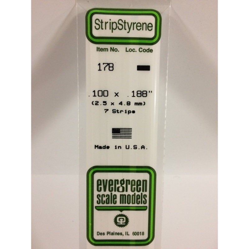 Evergreen 178 Styrene Plastic Strips 0.100"x 0.188"x 14"  (7)