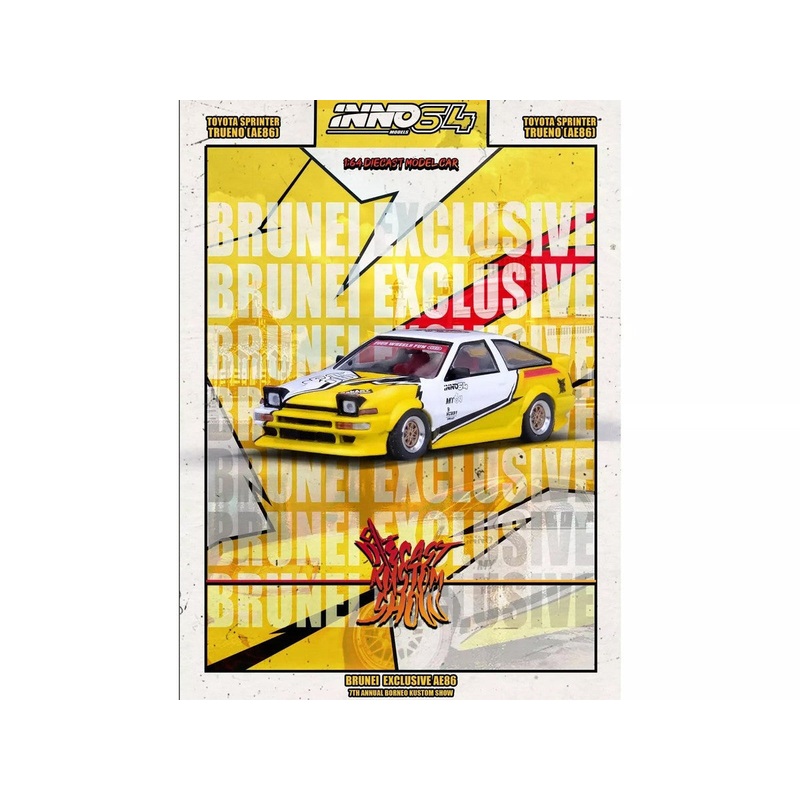 Toyota Sprinter Trueno (AE86) RHD (Right Hand Drive) "Brunei Diecast Kustom Show 2024" White and Yellow with Graphics 1/64 Diecast Model Car by Inno Models