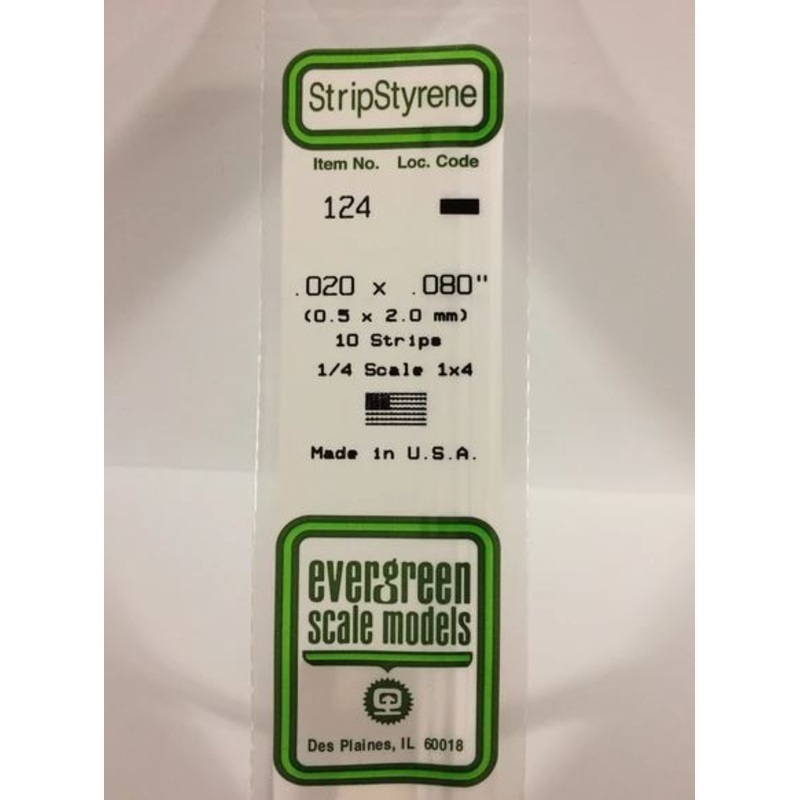 Evergreen 124 .020" x .080" (.5mm x 2.0mm) Strips (10pcs)