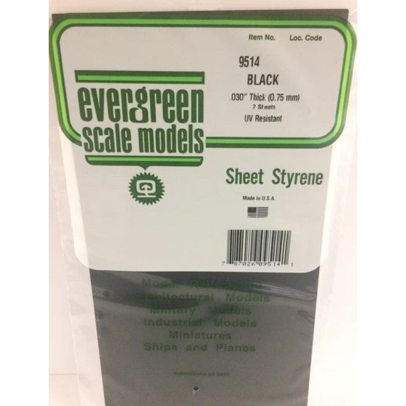 Evergreen 9514 .030" /  0.75mm Thick Black Sheet (2pcs)